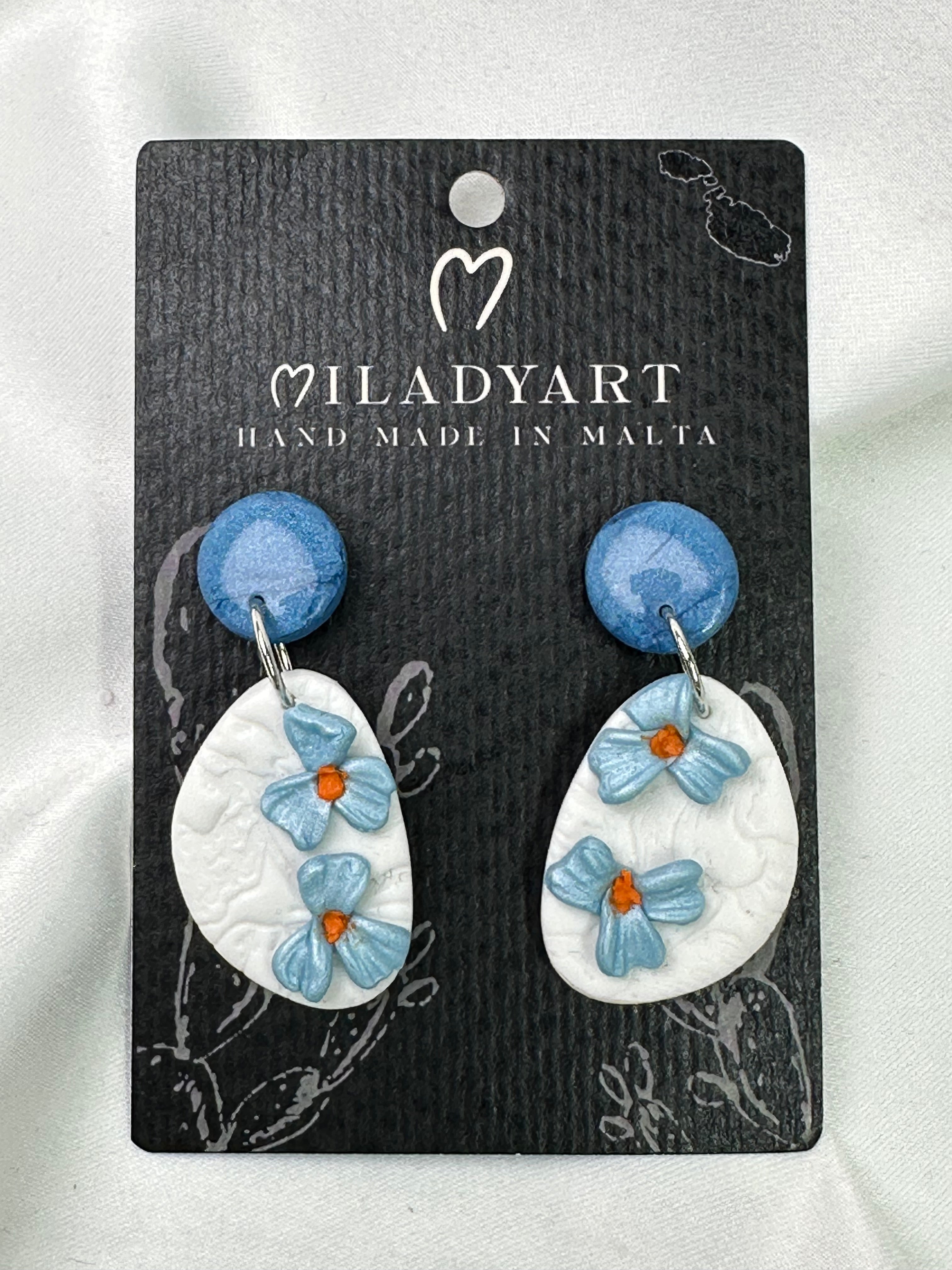 Earrings Pendant Flower Light Blue White