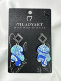 Earrings Pendent Blue White Leaves