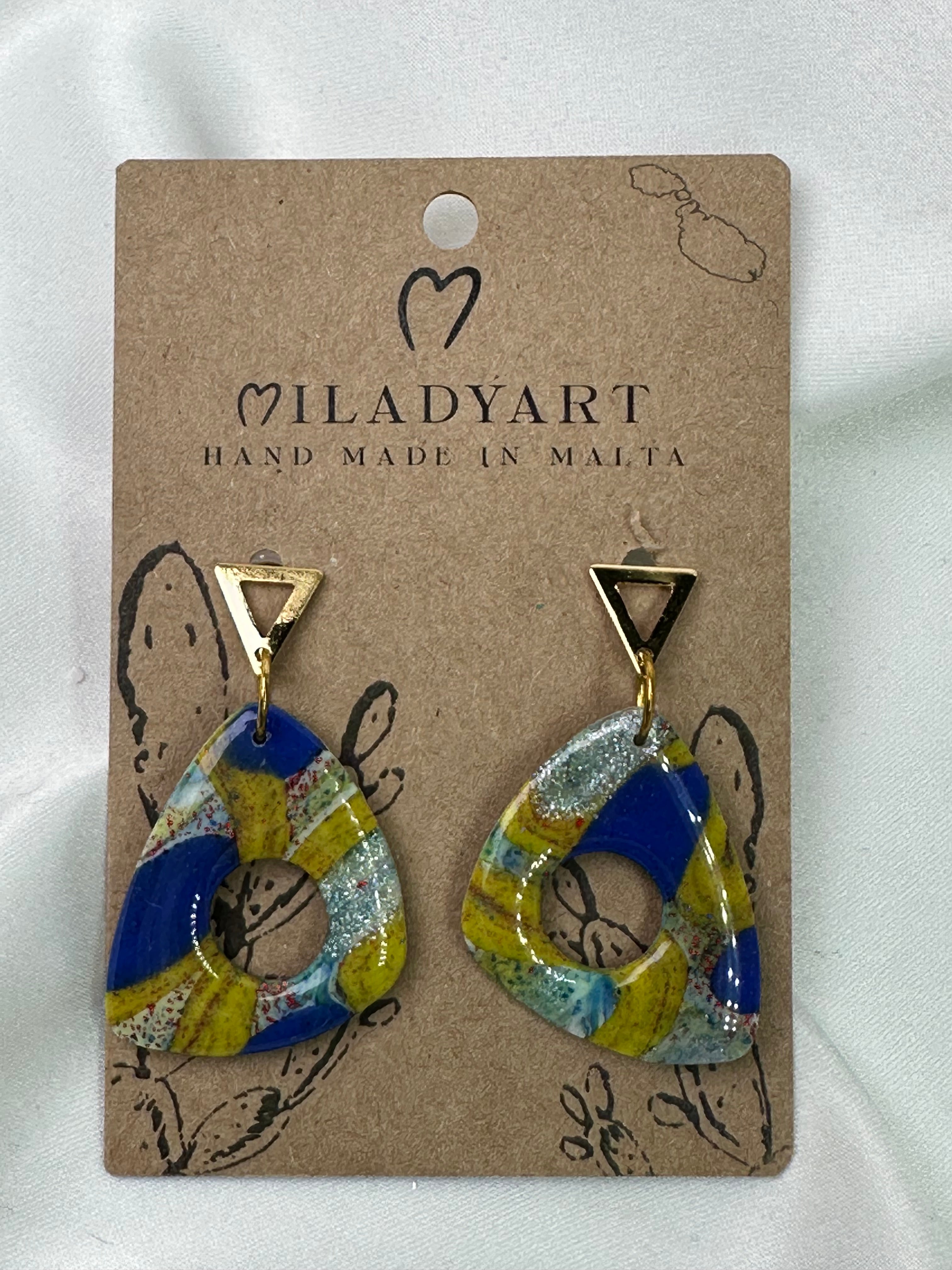 Earrings Pendent Fantasy Green White Blue Triangle