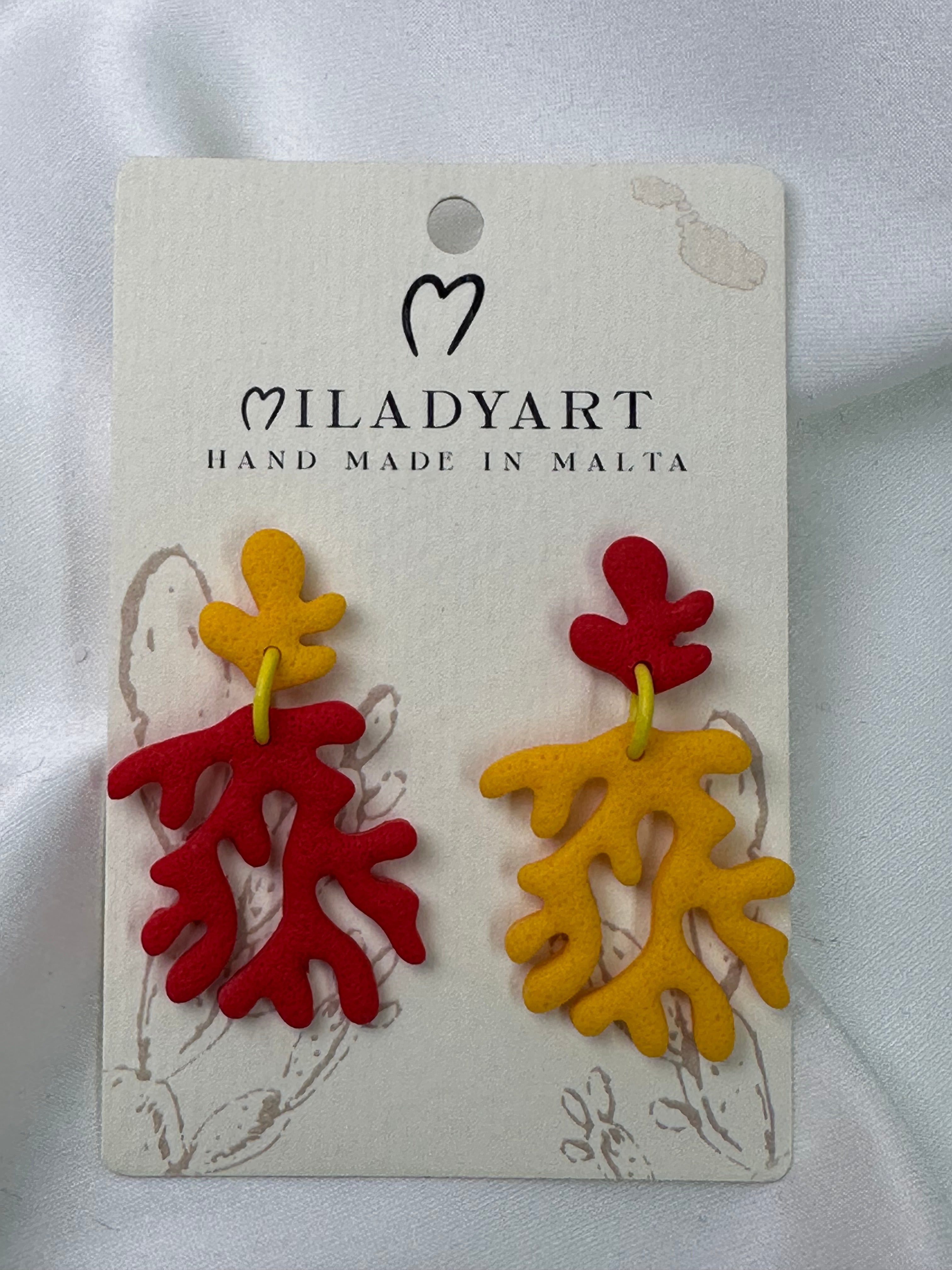 Earrings Pendent Coral Red & Yellow