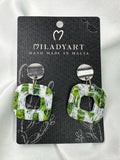 Earrings Pendent Square Green White Mixed