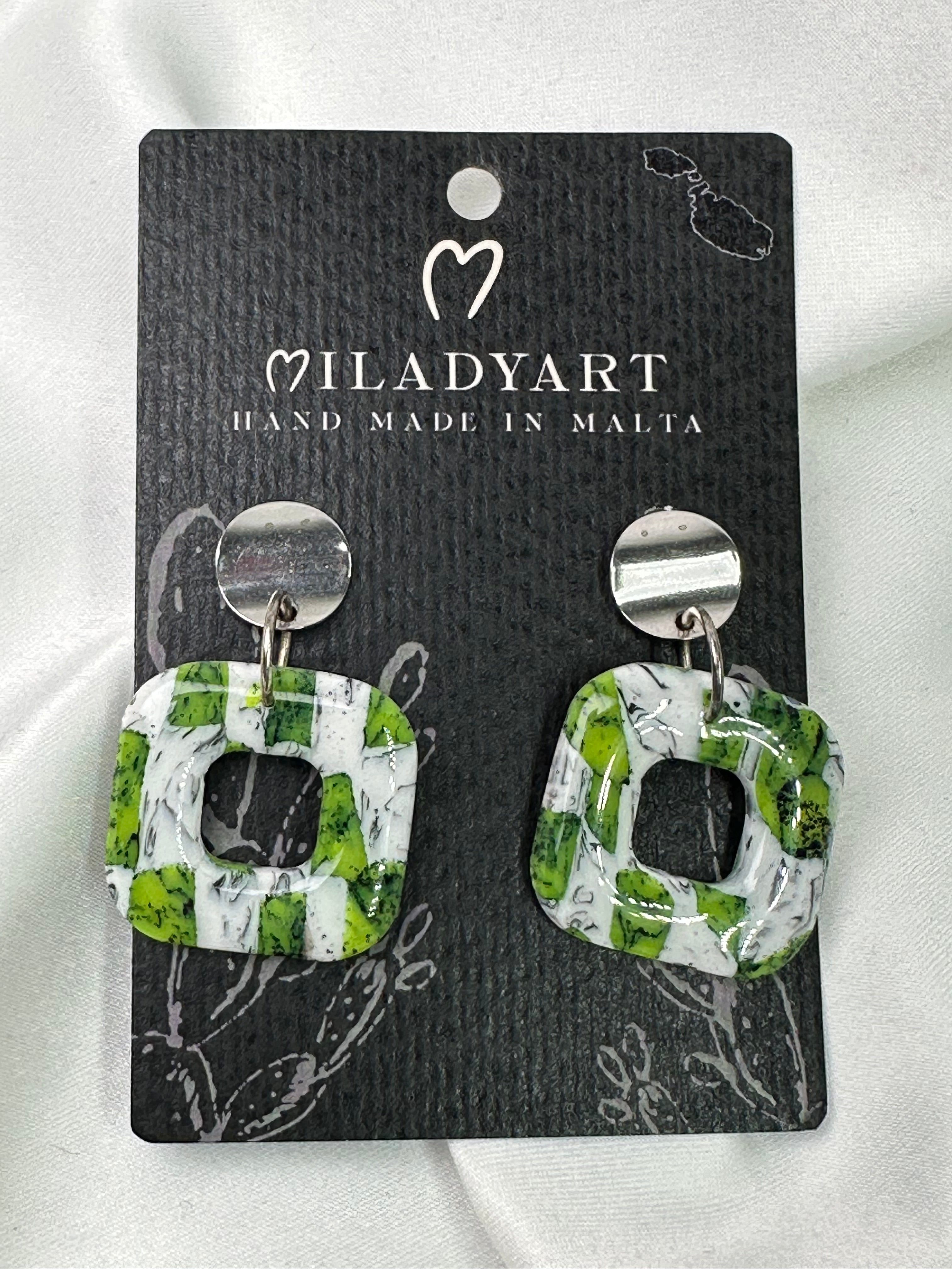 Earrings Pendent Square Green White Mixed