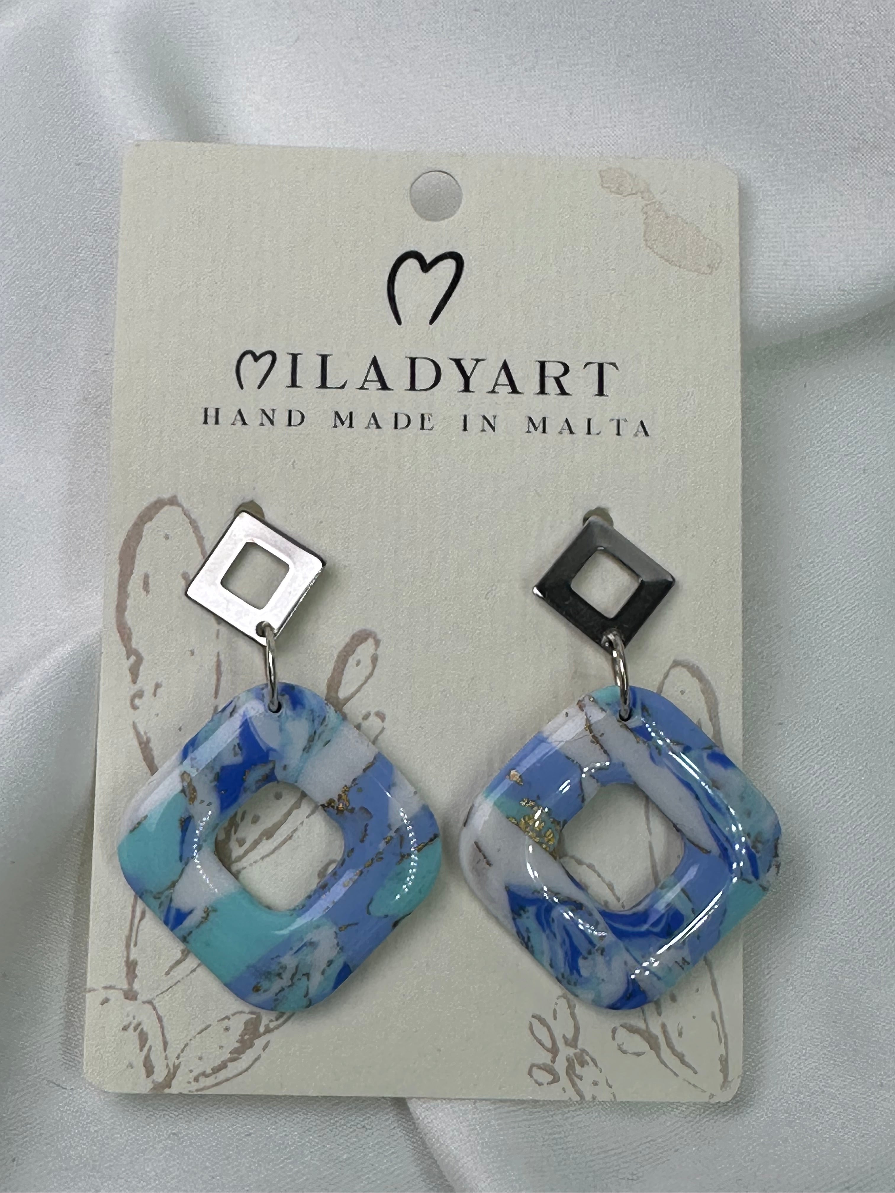 Earrings Pendent Square Blue Gold Mixed