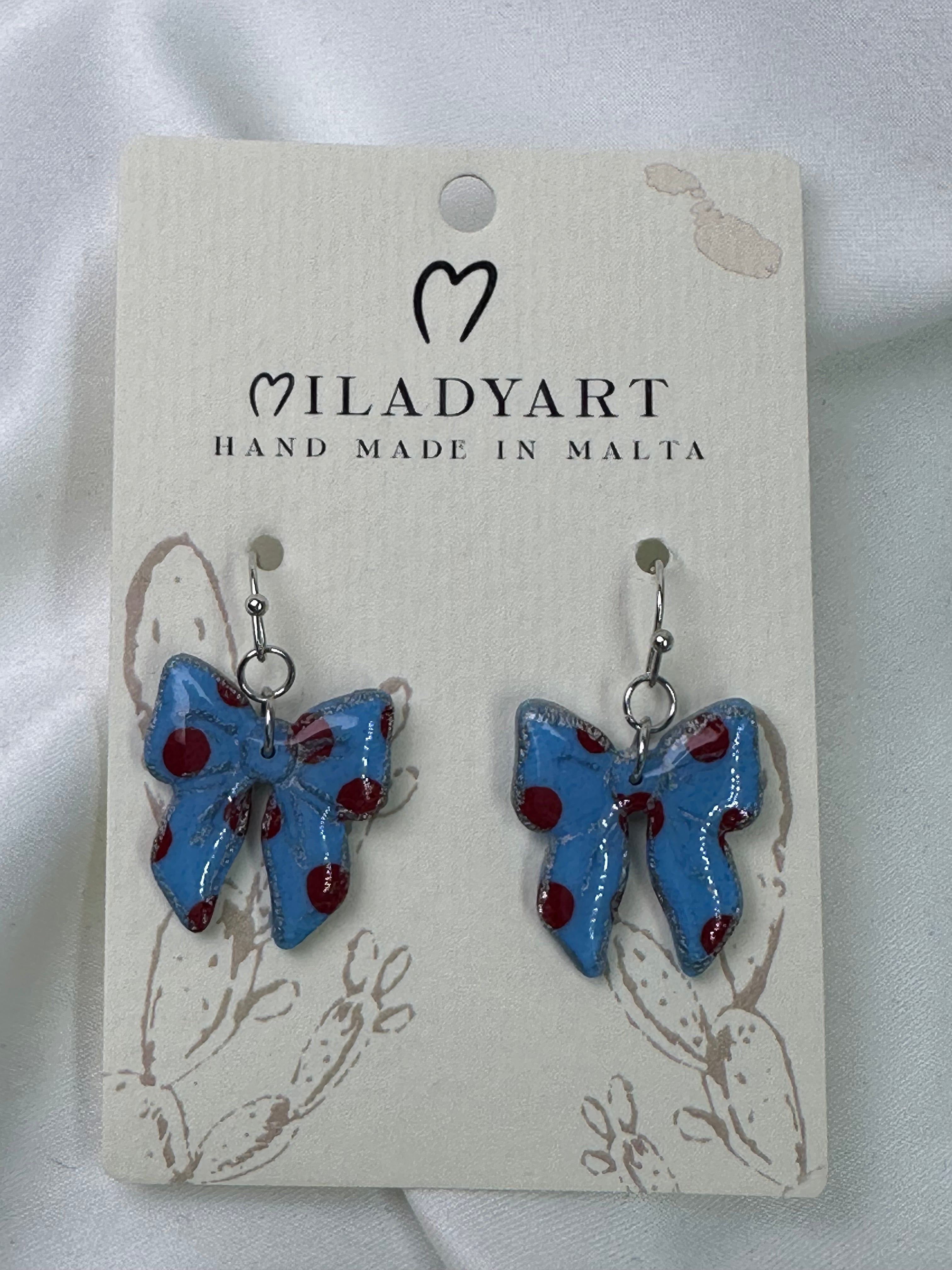 Earrings Pendent Light Blue Red Bow