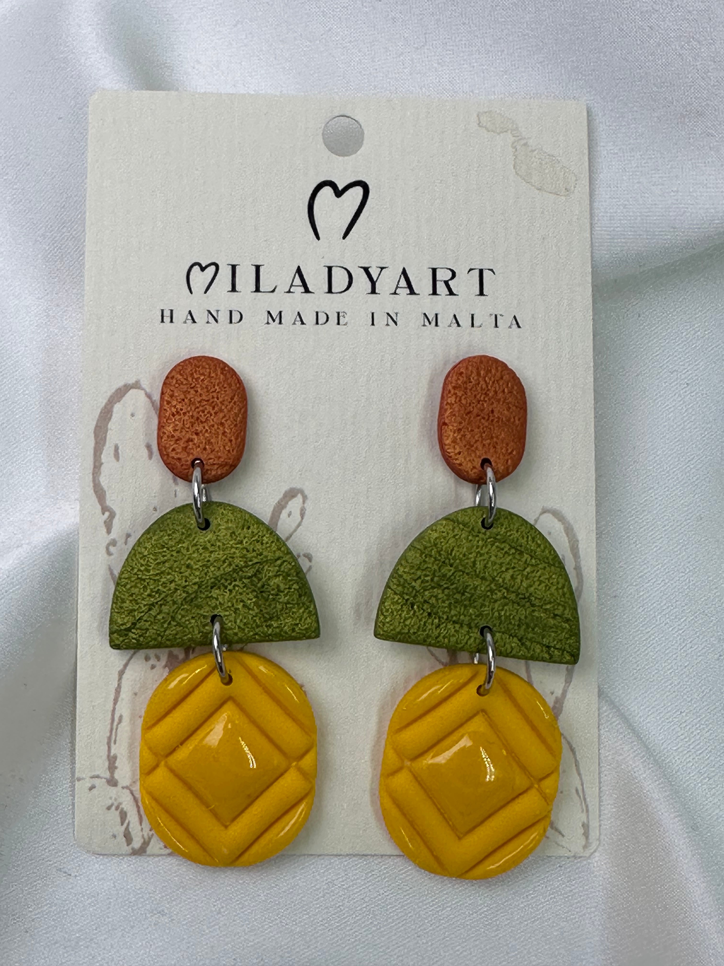 Earrings Semicircle Pendent Metallic Brown Lime Color Yellow