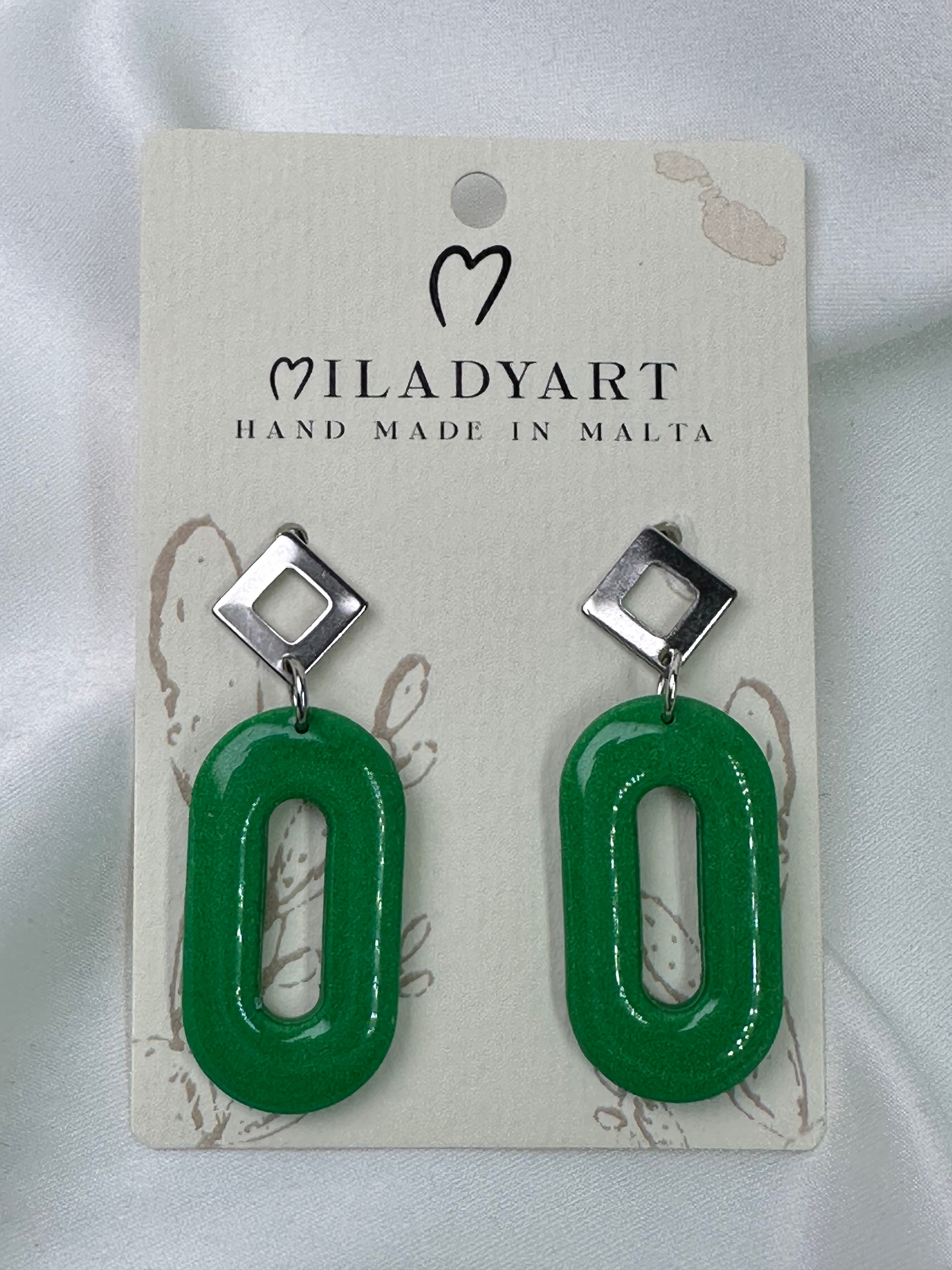 Earrings Pendant Green Oval Silver