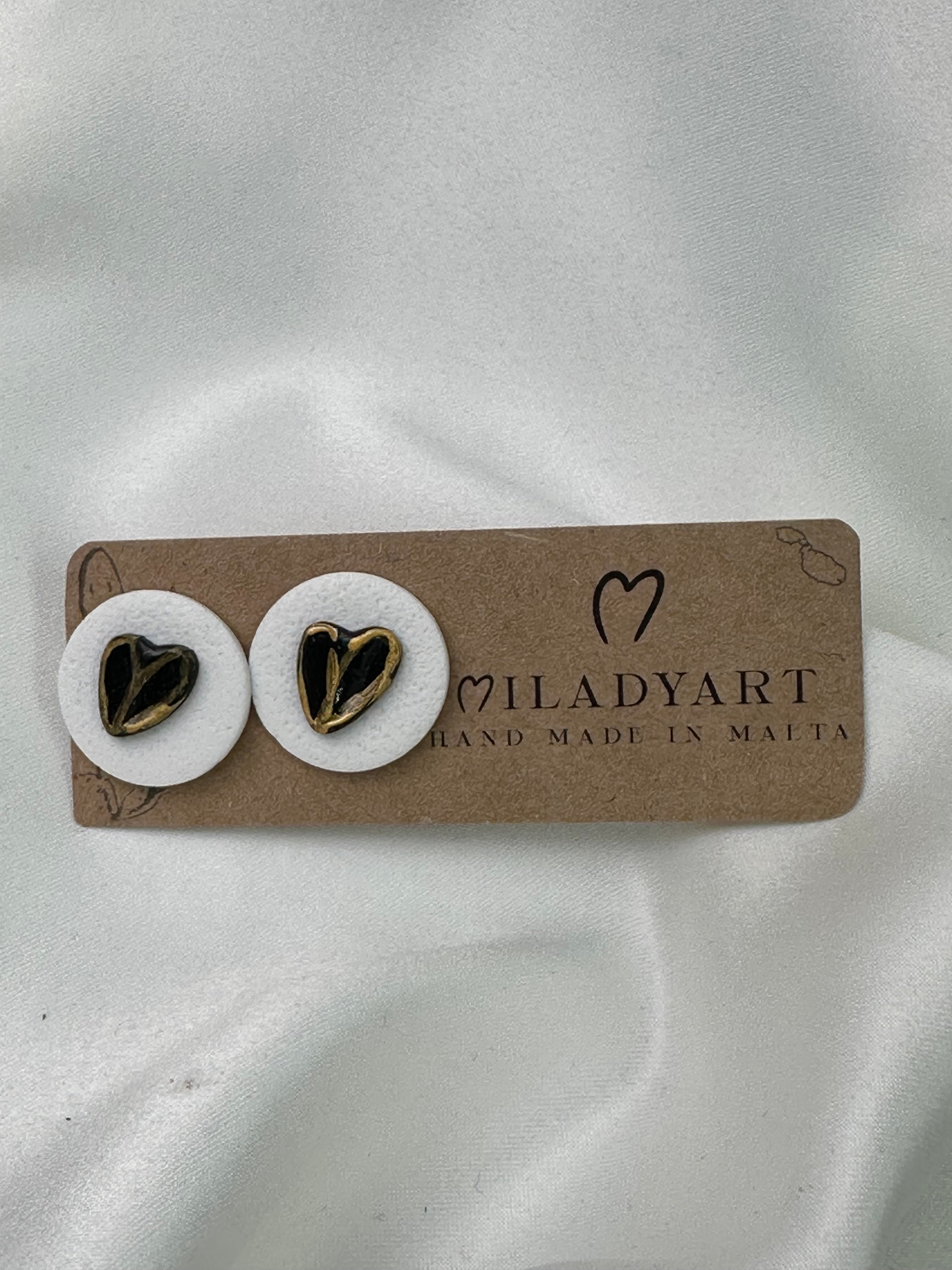 Earrings Small Black Heart on White Circle