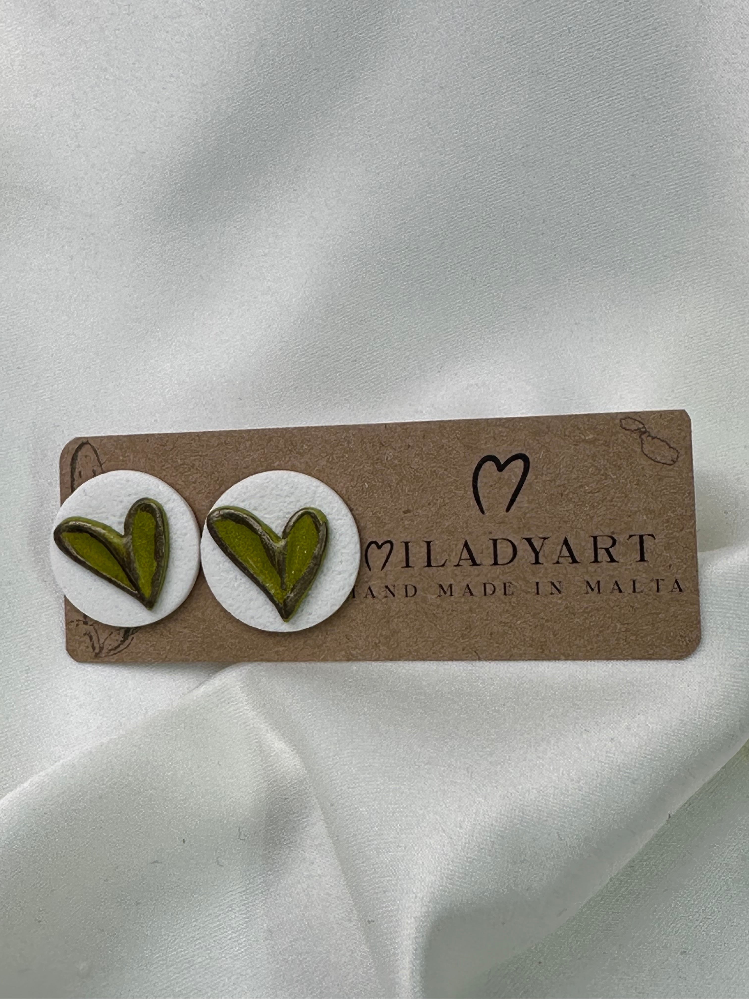 Earrings Small Green Heart on White Circle