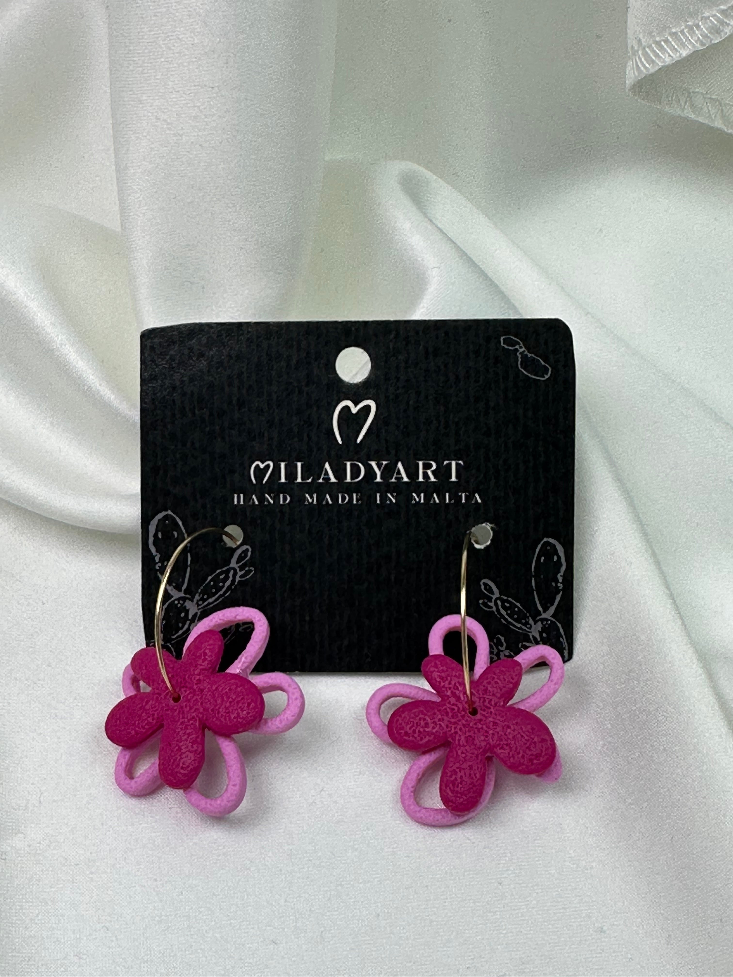 Earrings Pendant Double Flower Pink
